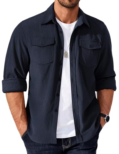 COOFANDY Casual Shirts for Men Long Sleeve Button Down Shirt Lightweight Jacket Corduroy Shirt with Flap Pockets