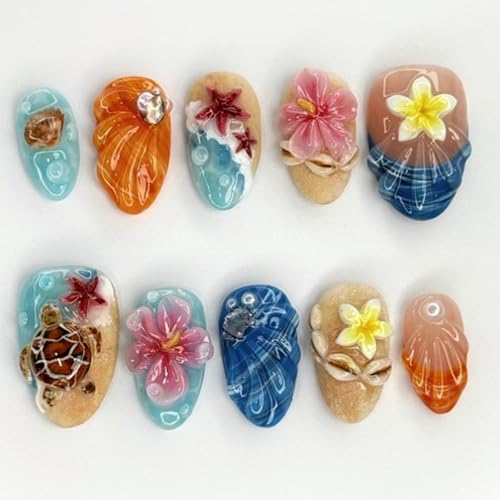 Summer Beach Press on Nails Short Almond 24Pcs Floral False Nails...