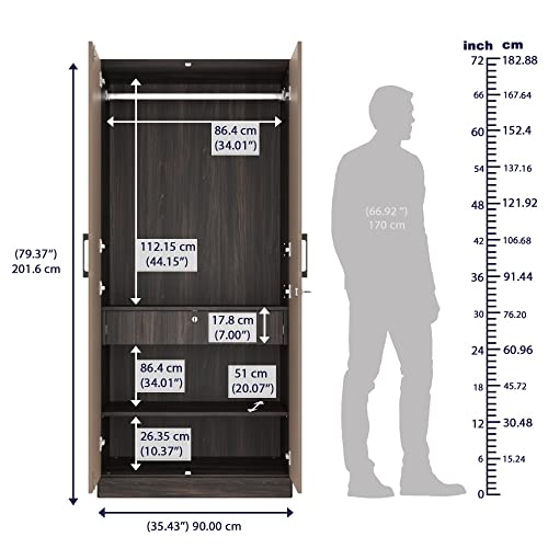 Image of Wakefit Wardrobe | 1 Year Warranty | Engineered Wood Almirah, Cupboard for Clothes Storage | 2 Door, 2 Shelves, Drawer, 1 Hanging Space | Cashmere Plus - Wyoming Maple-Frappe