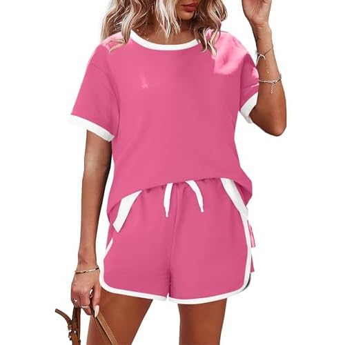 AKEWEI Shorts Sets Women 2 Piece Outfits Casual Short Sleeve Crewneck Tops and Drawstring Shorts Color Block Sets Pink Medium