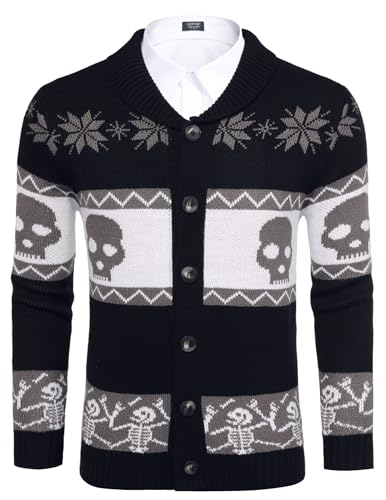COOFANDY Men's Christmas Cardigans Ugly Xmas Sweaters Reindeer Snowflake Shawl Collar Knitted Cardigan Sweater