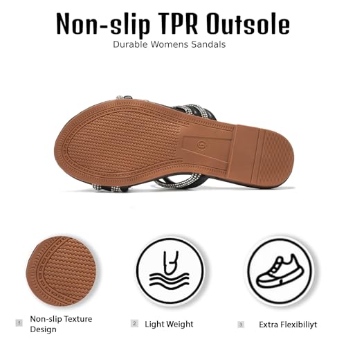 Women's Flat Sandals Rhinestone Strappy Slides With Soft Memory Foam Insole, Beach Leather Slippers Footwear for Summer Vacation4