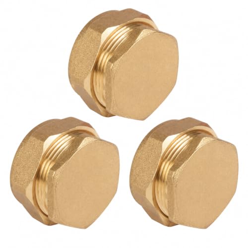 Image of AIGHER 22mm Compression Stop End Connectors (Pack of 3) | Blank Cap Brass Compression Joint Plumbing Fittings for Copper Plumbing Pipe Connectors | Brass Compressions Plumbers Pipe Fitting