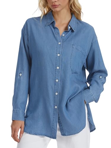 Women's Denim Button Down Shirt Long Sleeve Relaxed Fit Chambray Top Lightweight Lyocell Blouse (Classic Blue,S)