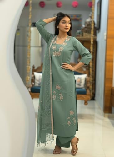 Image of ANNI Designer Women's Rayon Viscose Straight Printed Embroidered Kurta with Pant & Dupatta | Ethnic Kurta Set for Women | Daily, Office & Festive Traditional