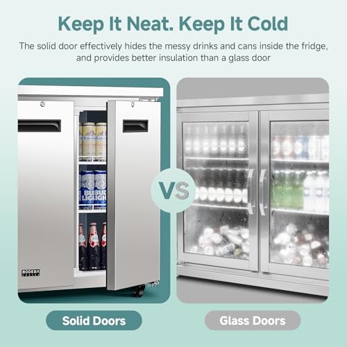 Image of BODEGA BODEGACOOLER Commercial Back Bar Cooler with 2 Solid Doors,12 Cu.Ft Stainless Steel Commercial Counter Height Bar Refrigerator,Display Drink Beverage Beer Fridge LED Light,SUS304 Top,4 Casters