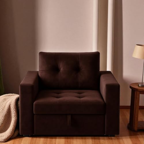 Image of FURNY Tressa 1 Seater Fabric Pull-Out Sofa Cum Bed (Dark Brown) - Premium Velvet Finish - Durable Comfort - Ideal for Living Room, Bedroom