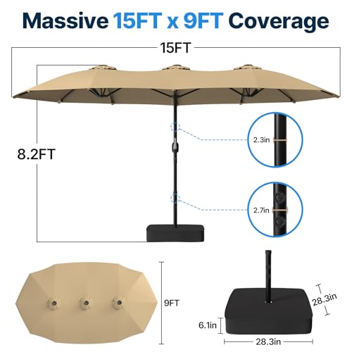 Suteck 15x9ft Patio Umbrella with Base Included - Double-Sided Outdoor Large Umbrella with & Crank Handle, UV & Fade Resistant Canopy for Poolside, Backyard (Beige) by Suteck - Used condition - Image 6