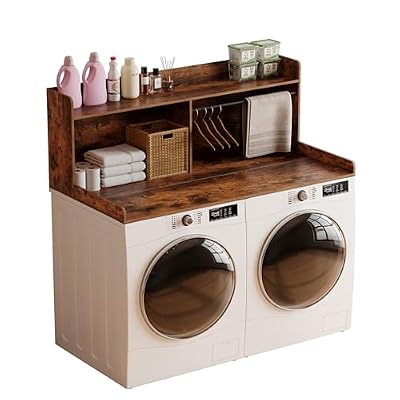 Unionly 2-Tier Washer Dryer Countertop with Clothes Rail,Laundry Topper with Edge and Non-Slip Pad for Washer and Dryer Laundry Hamper Counter Storage Organization (Rustic Brown, Full)