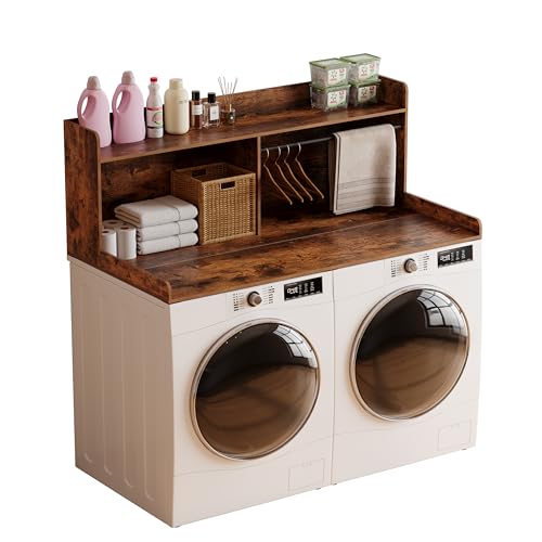 Unionly 2-Tier Washer Dryer Countertop with Clothes RailοΌLaundry Topper with Edge and Non-Slip Pad for Washer and Dryer Laundry Hamper Counter Storage Organization (Rustic Brown, Full)