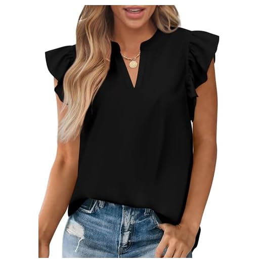 Zenlonr Womens Summer Tops 2025 Casual V Neck Ruffle Cap Sleeve Blouse Shirts Solid Color Tunic Tops(Black,Medium)