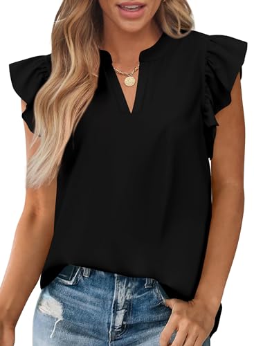 Zenlonr Womens Summer Tops 2025 Casual V Neck Ruffle Cap Sleeve Blouse Shirts Solid Color Tunic...
