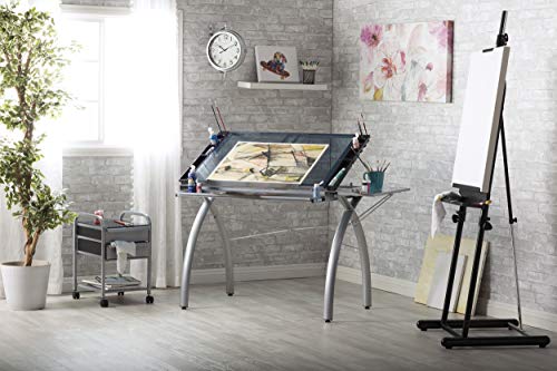 Sd Studio Designs 10095 Futura Station With Folding Shelf Top Adjustable Drafting Craft Drawing Hobby Table Writing Studio Desk With Drawer, 35.5'' W X 23.75'' D, Silver/Blue Glass #TOP2
