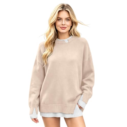 Sweaters for Women Fake Two Piece Pullover Crew Neck Long Sleeve Fall Tops - image 1
