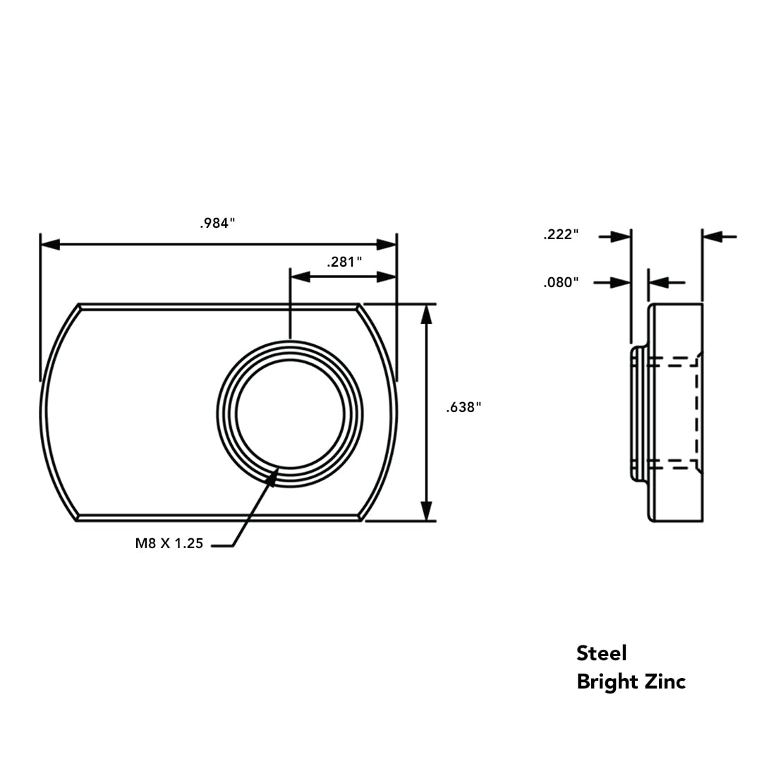 3838, 15 Series M8 x 1.25 Offset Slide in Economy T-Nut Steel (25 Pack)