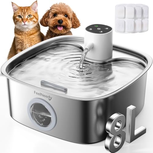 猫 給水器 コードレス FEELNEEDY 自動給水器 犬 水飲み器 猫水飲み器レーダーセンサー搭載 犬 みずのみ器 8L大容量/5000mAhバッテリー/活性炭フィルター付 猫 みずのみ器 充電式 ステンレス製 3つの給水モード ペット用品 静音 ワイヤ