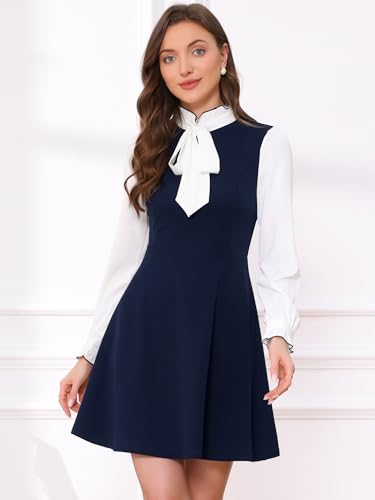 Image of Allegra K Tie Neck Dresses for Women's 1960s Vintage Long Sleeve Contrast Color Dress