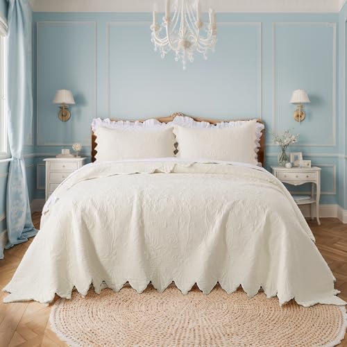 Brandream King Size Quilt Set Cotton Cream Yellow White Luxury Cottage Matelasse Bedding Coverlet Set Scalloped Quilts 3-Piece