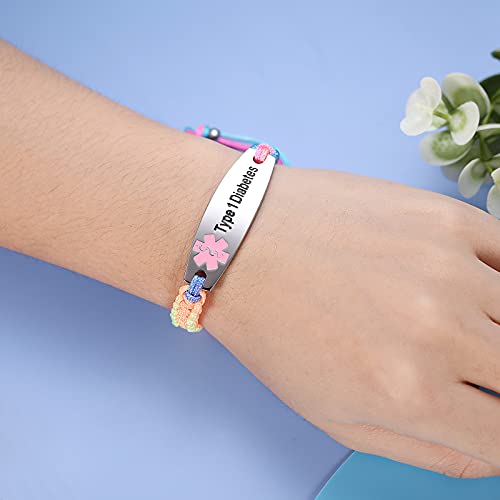 Image of JF.JEWELRY Pre-Engraved Type 1 Diabetes Medical Alert ID Bracelet | Nylon Rope Braided Medical Alert Bracelet, 6.0-8.5 Inches Adjustable