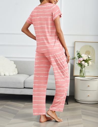Image of Ekouaer 2 Pack Pajamas for Women Set Short Sleeve Sleepwear Top and Pants Pjs Soft Printed Lounge Sets with Pockets