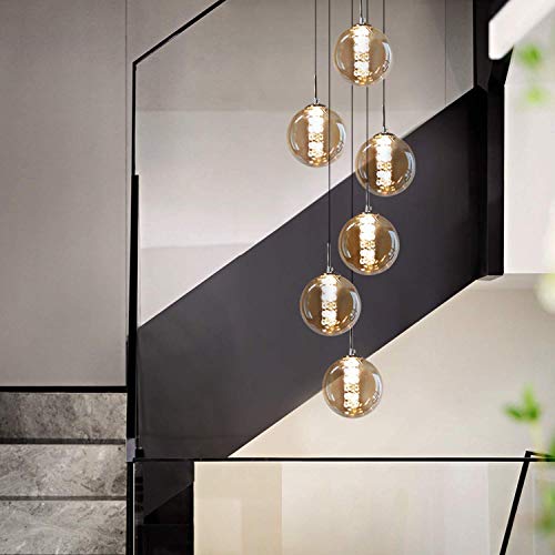 KBEST Luminaire suspension boule verre boule escalier suspendu Lampes suspendues Lustre RÉglable en hauteur Lampe d'escalier Longue en verre Simple Moderne Minimaliste Lumière (ambre, 6 lumières)