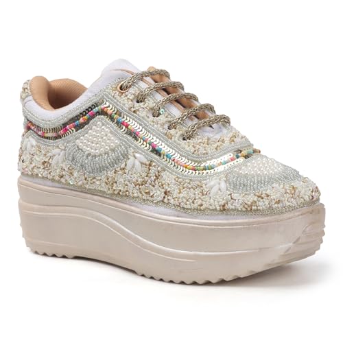 Image of LENSBURY Women Hand Embroidery Wedding Party Bridal Floral High Heel Sneakers I Cushioned Insole I Comfortable Wear Wedge Shoes I for Ladies and Girls LBCNV4037