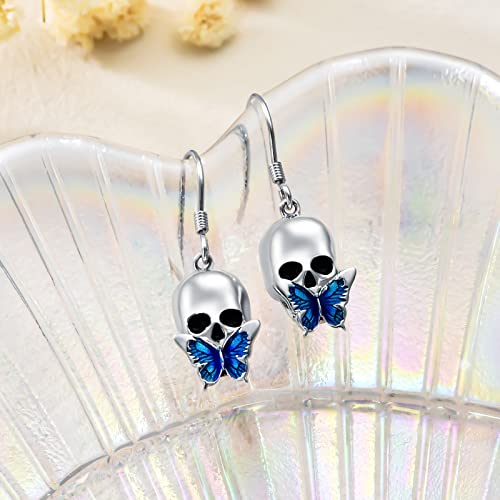 Pendientes de calavera de plata hipoalergénicos con mariposa 2