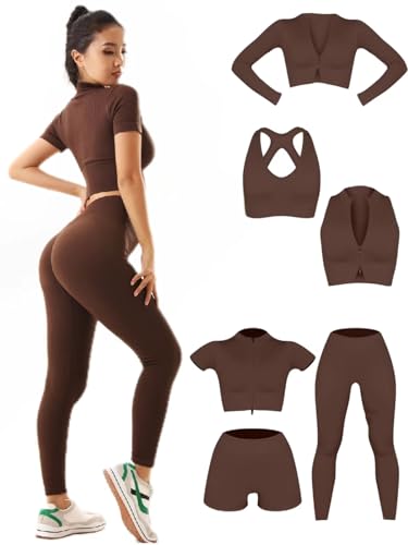 6 PCS Workout Sets for Women Ribbed Women's Athletic Clothing Sets Pilates Yoga Outfits Sports Bra Leggings Workout Set