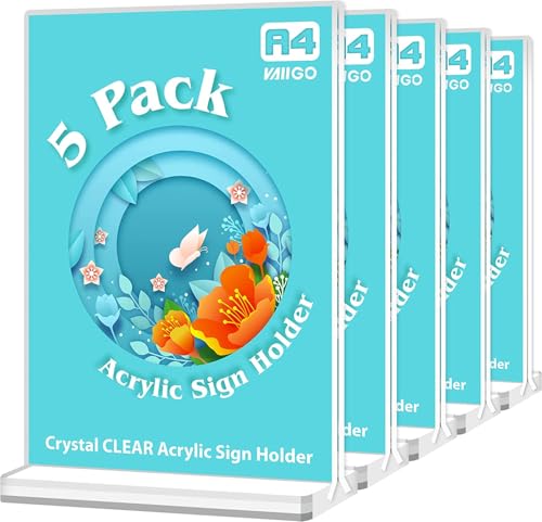 VAIIGO A4 Acrylic Sign Holder - A4 Perspex Display Stand, Double Sided Poster Menu Holder for Table, Restaurant, Hotel, Store, Office, Bar, Menu, Promotions, Documents Sign Holder (Clear, 5Pack)