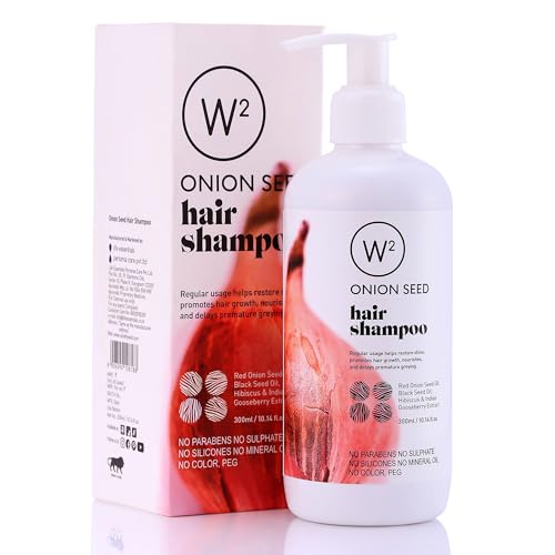 W² Onion Seed Hair Shampoo with Amla, Hibiscus & Aloe Vera | Dehydrated Hair| Reduces Hairfall, Strengthens Roots, Adds Shine & bounce | Helps Remove Flakes, Itching & Irritation| Ayurvedic Blend |For Men & Women |No Sulphates, No Parabens, No Silicones, 300ml