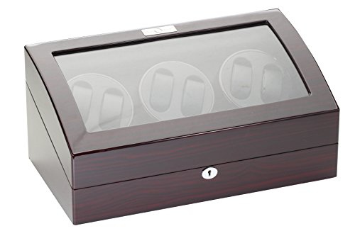 Diplomat Ebony Wood Six Watch Winder with Black Leather Interior and 4 Program Settings