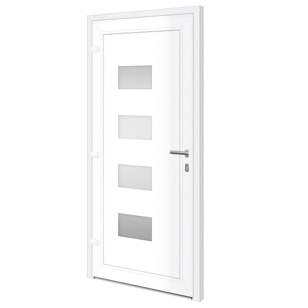 Drzwi wejściowe, białe, 100 x 210 cm, z aluminium, PCW, z przeszkleniem izolacyjnym, 5-drożnym i regulowanymi zawiasami do wejścia bocznego