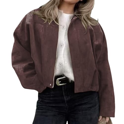 WOWULOVELY Women's Faux Suede Bomber Jacket Lapel Pilot Pocket Coat Casual Oversized Long Dolman Sleeves Trendy Streetwear2