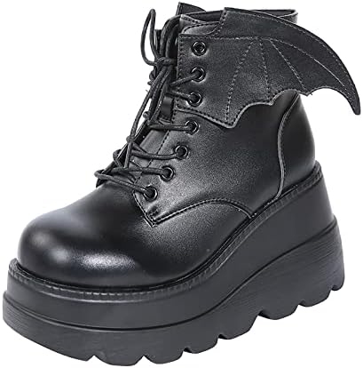 Womens High Platform Goth Ankle Booties Wedges Chunky High Heel Round-Toe Lace up Punk Combat Boots for Women (A-Black,7)