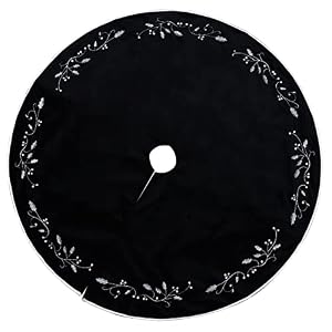 Christmas Tree Skirt 48 inches Velvet Fur Plush Black Tree Skirt Xmas Tree Skirts with Silver Embroidered Holly Leaf for Merry Christmas Party Rustic Vintage Christmas Tree Decorations