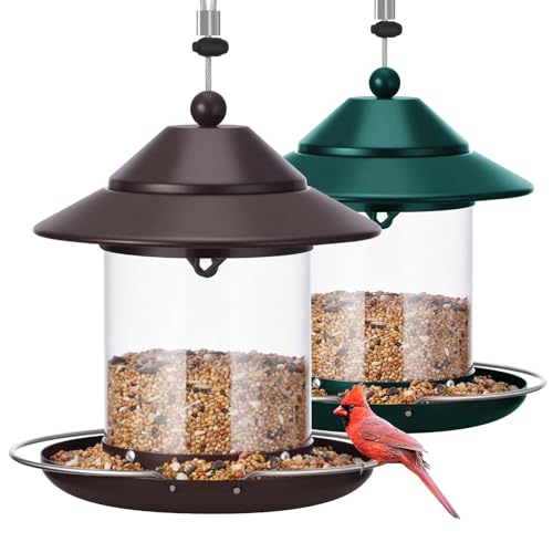 2 Pack Bird Feeders for Outdoors, Hanging Metal Roof Bird Feeder with Clear Tube Seed Capacity for Viewing Cardinal Finch, Wild Birdfeeders for Outside Garden Yard Decoration
