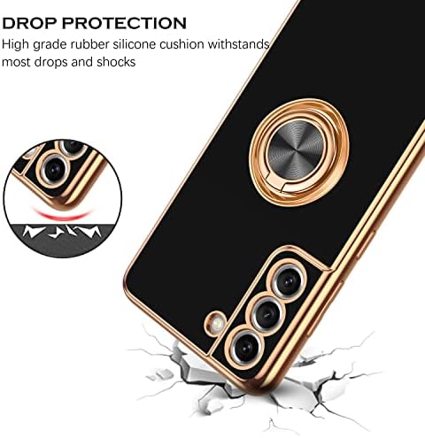 YINLAI Samsung Galaxy S21 FE Case Soft Silicone TPU Slim Case with Gold Magnetic Ring Holder Shockproof Women Protective Girls Case Cover for Samsung Galaxy S21 FE 5G, Black