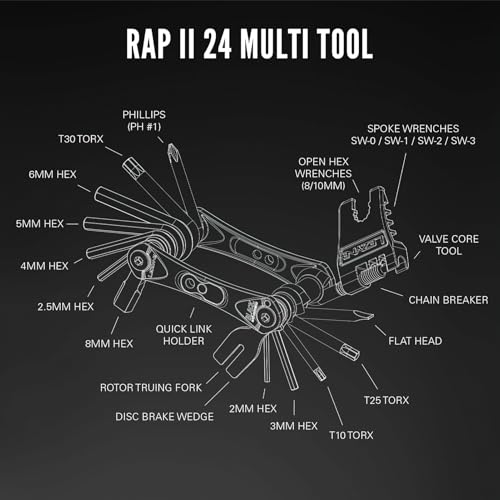 LEZYNE RAP II Bicycle Multi-Tool 24, Anti-Corrosion Bits, Hex 2/2.5/3/4/5/6/8mm, T10/T25/T30, Phillips, Flathead, Chain Breaker, Compact Bike Tool