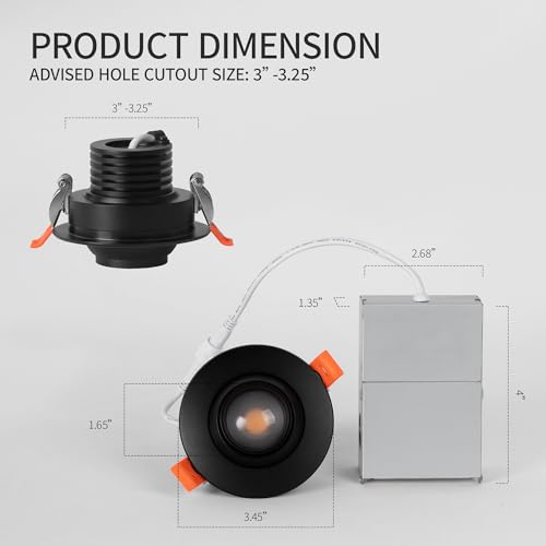 Image of Aisilan 4 Pack 3 Inch LED Recessed Lighting 7W Gimbal Black Eyeball Can Lights with Junction Box 20-60 Zoomable Down Light OB CRI 97, for Living Room Corridor