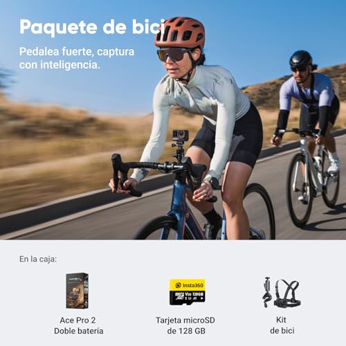 Insta360 Ace Pro 2 Paquete de Bici – Cámara de acción 8K Impermeable co-diseñada con Leica, Sensor de 1/1,3″, Dual Chip IA, excelente en Baja luz, Audio Superior, Pantalla abatible y edición por IA 3