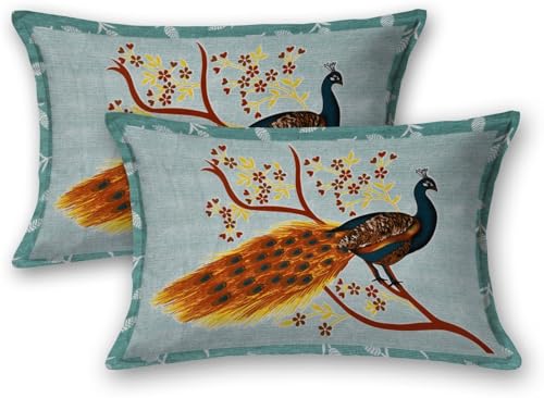 Image of KOUNDAL Rajasthani Jaipuri Sanganeri Printed 144 TC 100% Cotton Bed Sheet Set for Double Bed,Floral Print, Double Bedsheet Cotton with 2 Pillow Covers (Green(Peacock), King)