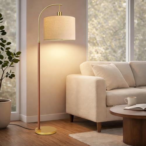 Image of Wood Floor Lamps for Living Room Arc Floor Lamp with Remote Control,Dimmable Farmhouse Floor Lamp Mid Century Modern Standing Lamp with 3 Color Temperature Tall Vintage Floor Lamp For Bedroom Corner