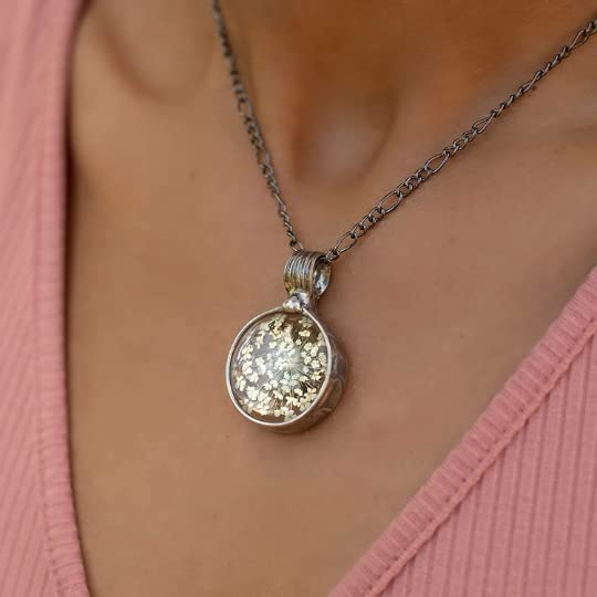 Miniatura 3 de White Wildflower Necklace for Women Real Pressed Flower Queen Anne's Lace Glass Pendant Birthday 13th Wedding Anniversary Gift Artisan Crafted by