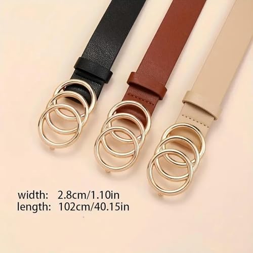 Golden Triple Ring Buckle Belts Simple Solid Color Leather Waistband Classic Jeans Pants Dress Coat Belt4