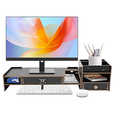 KWCWB Wood Monitor Stand Riser,with Two Drawers,Desk Shelf Organizer Riser Stand,Storage Cabinet,for Computer/Laptop/PC/Printer/TV Black
