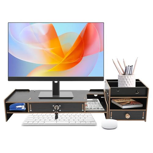 Desnysmf Soporte negro para monitor de ordenador, soporte elevador de monitor, organizador de escritorio, con armario de almacenamiento, soporte para bolígrafo y soporte para teléfono móvil, 48 x 20 x