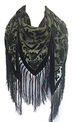 TANS Green Women's Vintage Floral Velvet Triangle Shawl with Fringes
