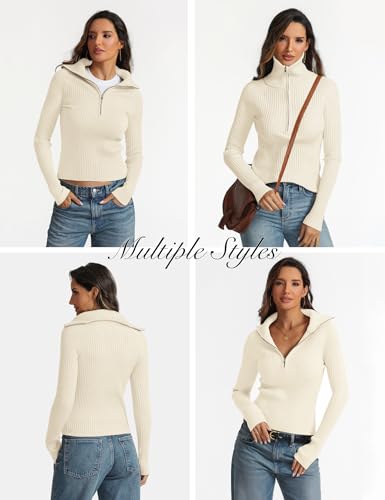 Prettywear 2025 Women's Half Zip Pullover Sweaters V Neck Collared Long Sleeve Ribbed Knit Fall Tops Dressy Casual4