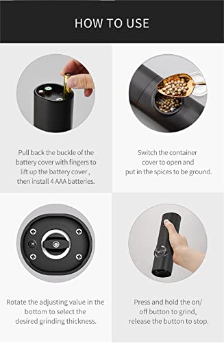 Image of Electric Salt and Pepper Grinder Stainless Steel Pepper Mill with Light Push Button One-Hand Operation Adjustable Coarseness (Black)
