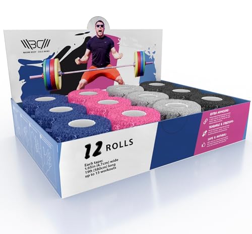 Image of WARM BODY COLD MIND 1.85 inch Weightlifting Thumb Tape - Hook Grip Tape for Powerlifting, Cross Training, Gym Tape, Workout, Weight Lifting Tape, Athletic Finger Wrap (Mix 12 Rolls)